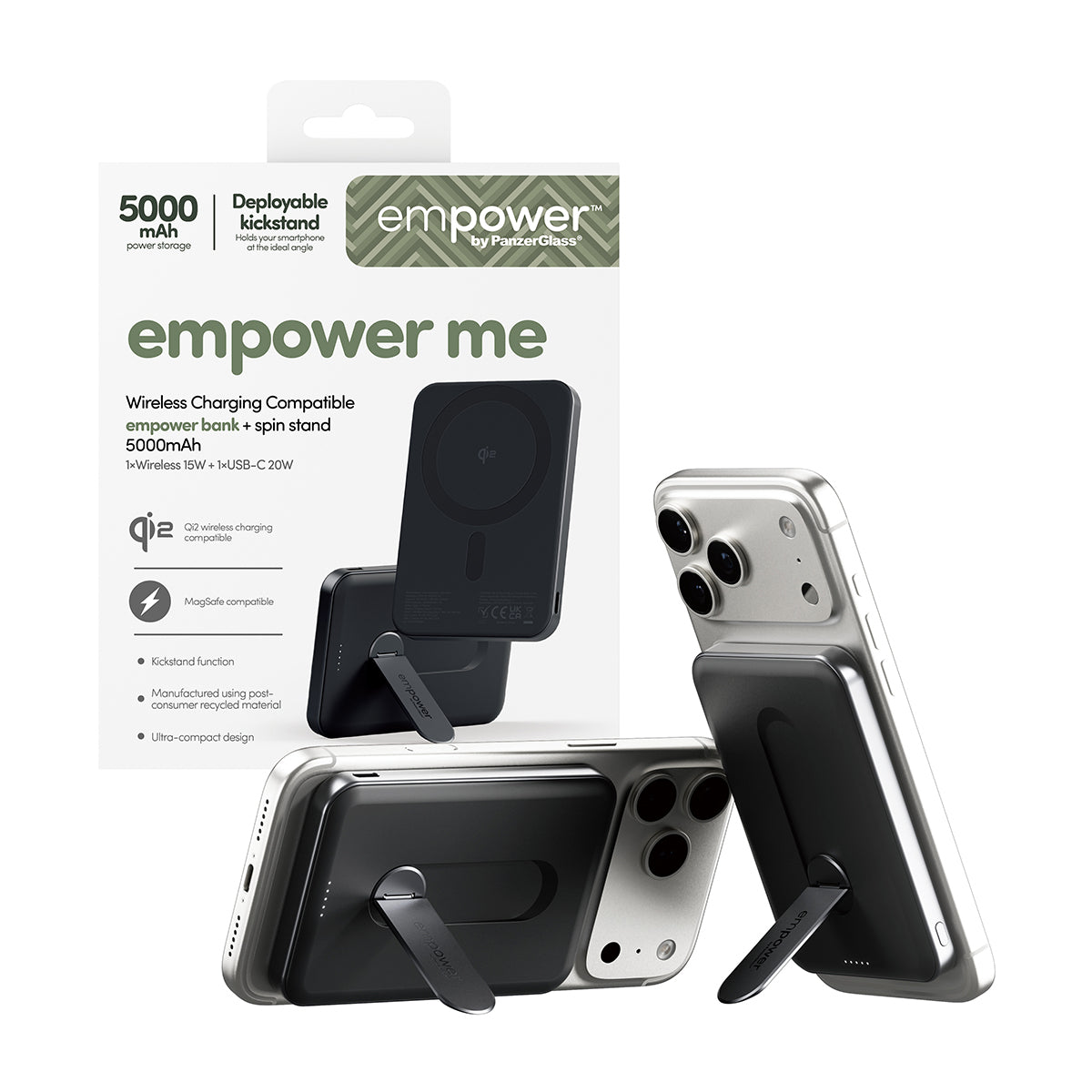 PanzerGlass empower™ by ® empower™ Bank w. Spin Stand | 5000mAh | Space Black Noir