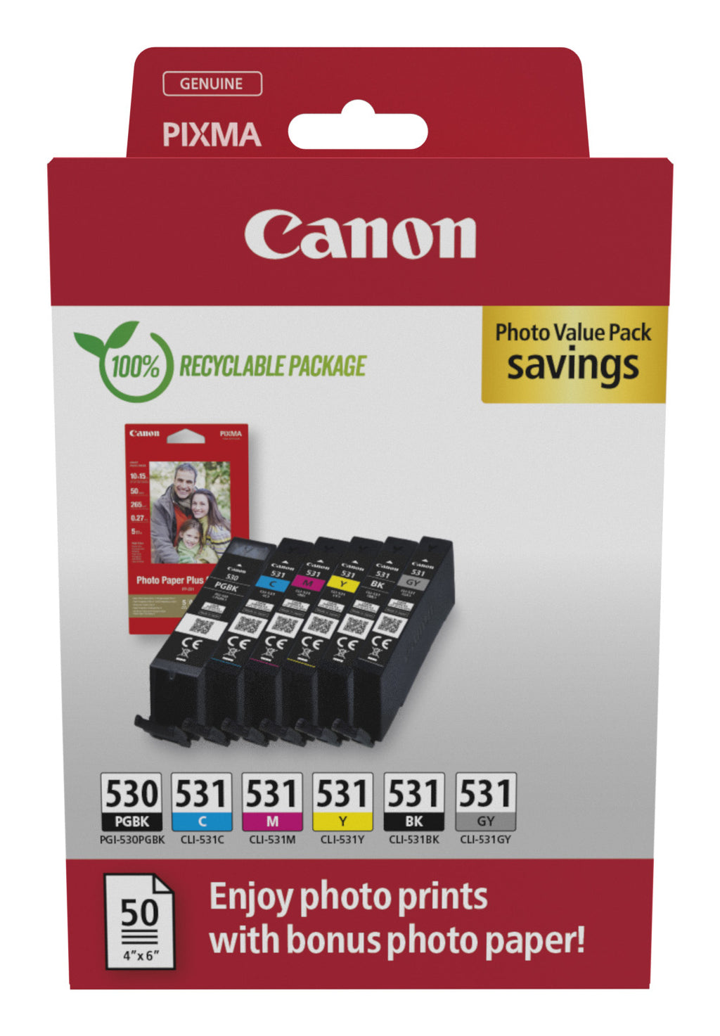 Canon PGI-530/CLI-531 Pack de Cartouches d'Encre Originales, 6 Pièces, Noir, Cyan, Gris, Magenta, Photo Noire, Jaune