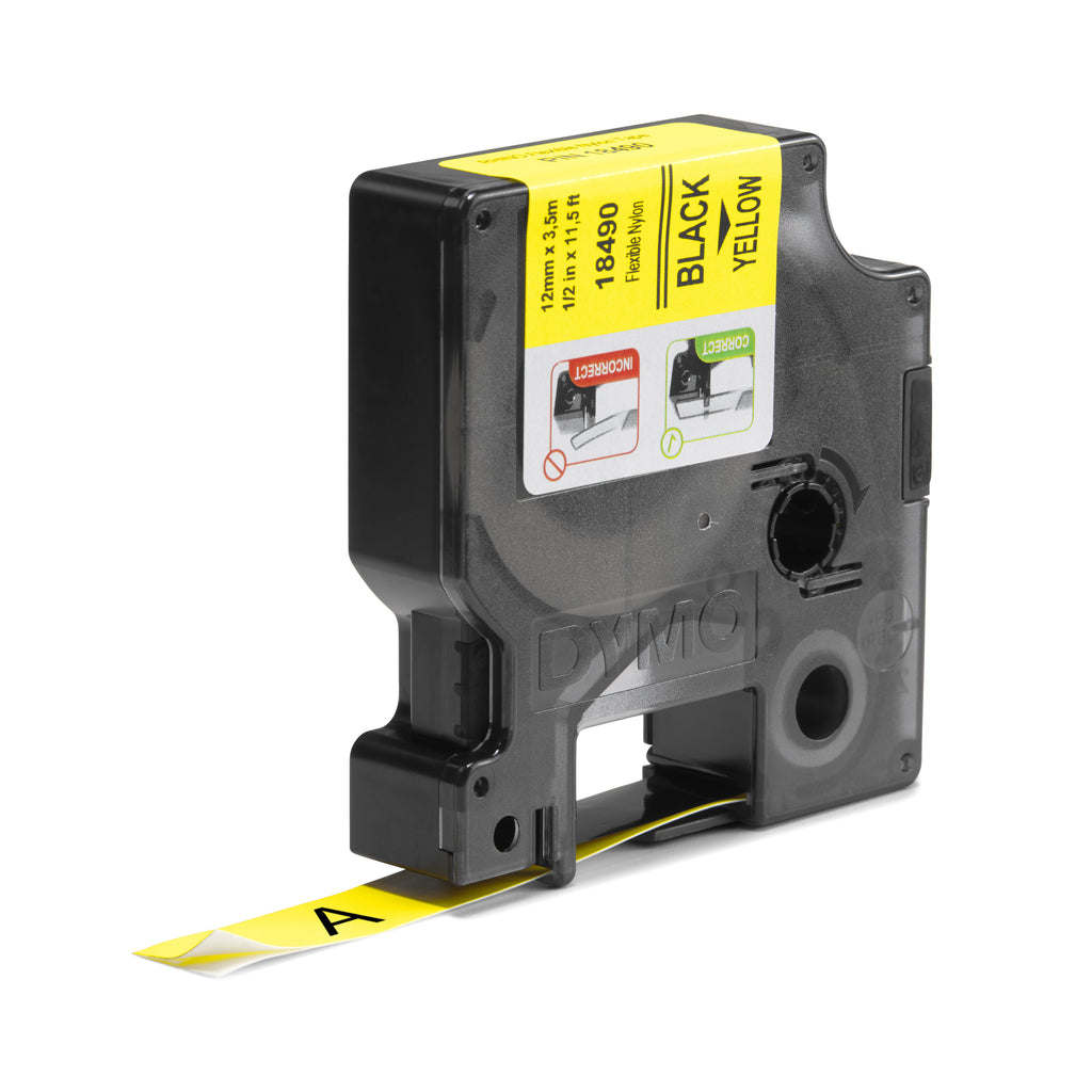 DYMO Rhino Étiquettes industrielles | Nylon flexible | rouleau de 12 mm x 3,5 m | autocollantes impression en noir sur fond jaune | pour étiqueteuses Rhino et LabelManager