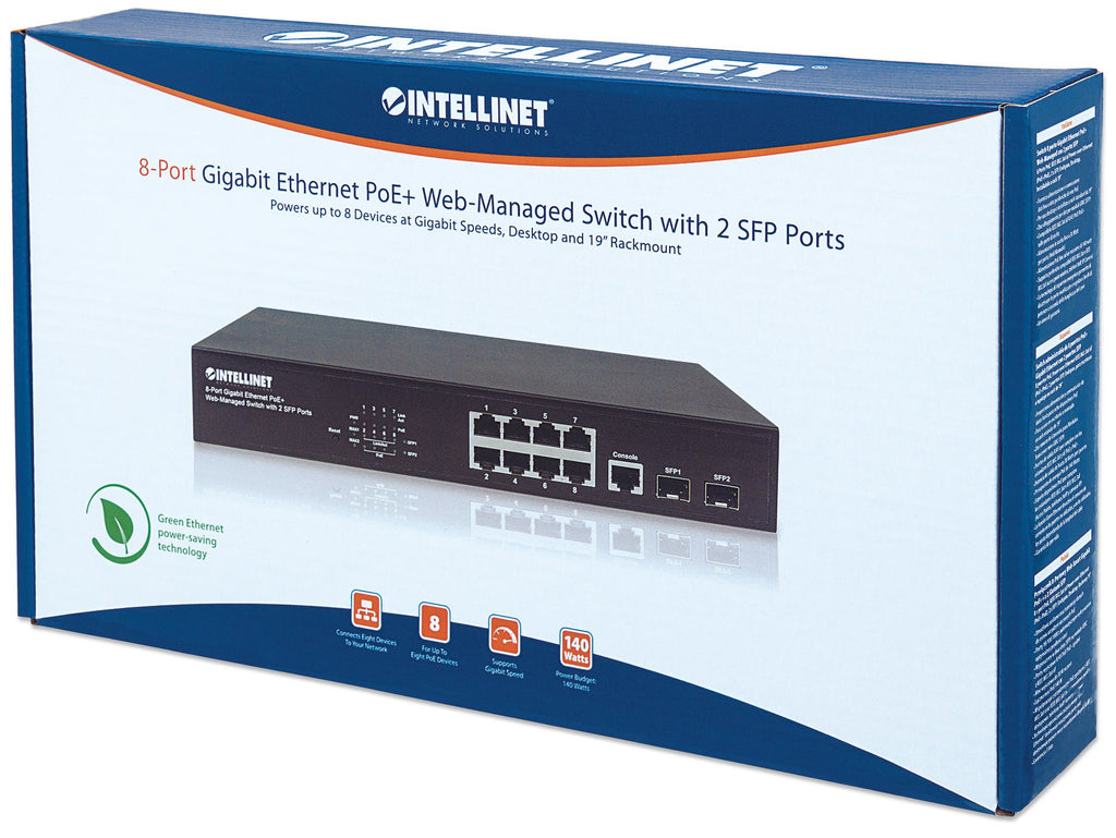 Intellinet Commutateur Gigabit Ethernet PoE+ Administrable 8 Ports, 2 Ports SFP, Budget 140W, Rack 19"