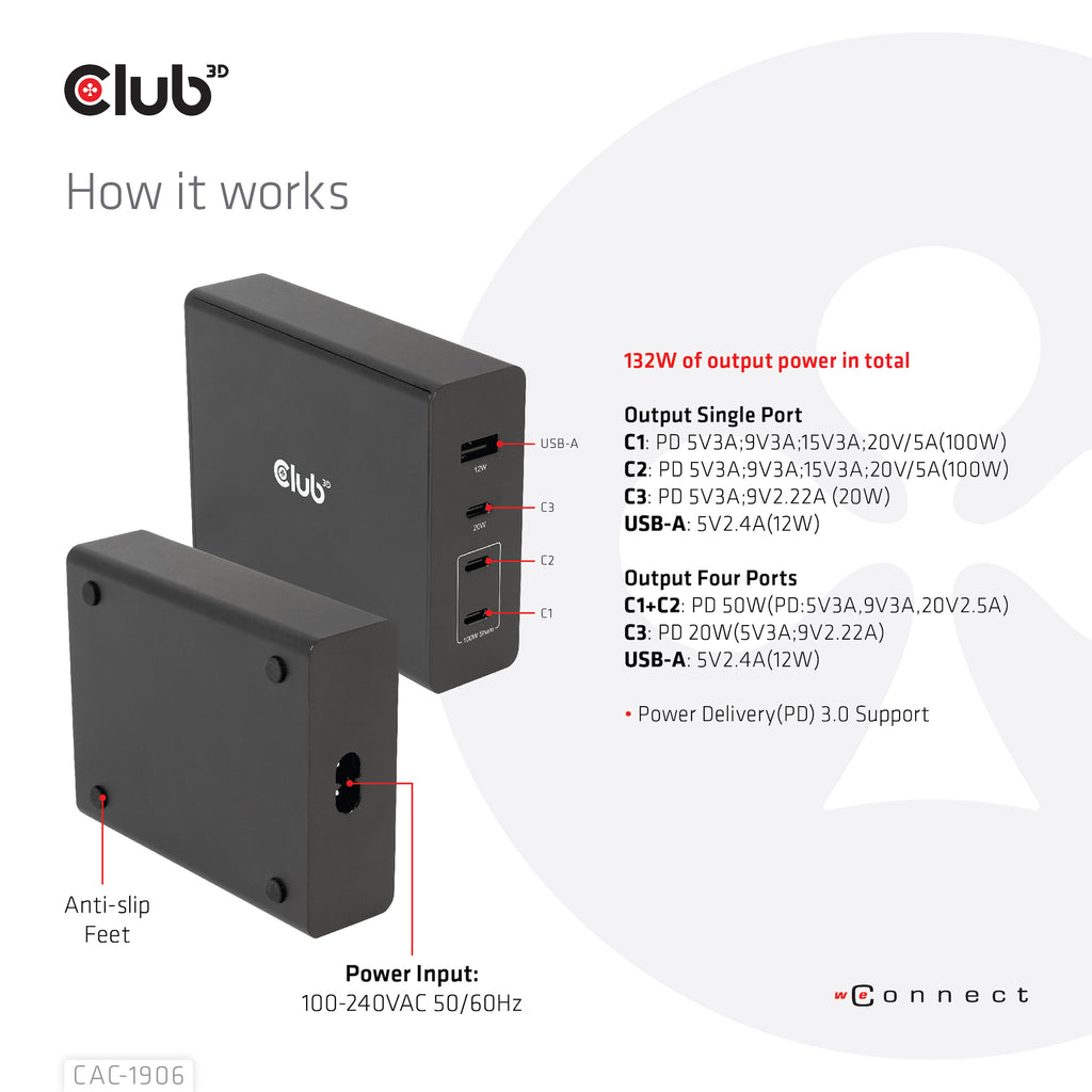 CLUB3D CAC-1906 Chargeur Universel pour Appareils Mobiles, Noir, 3 Ports USB-C