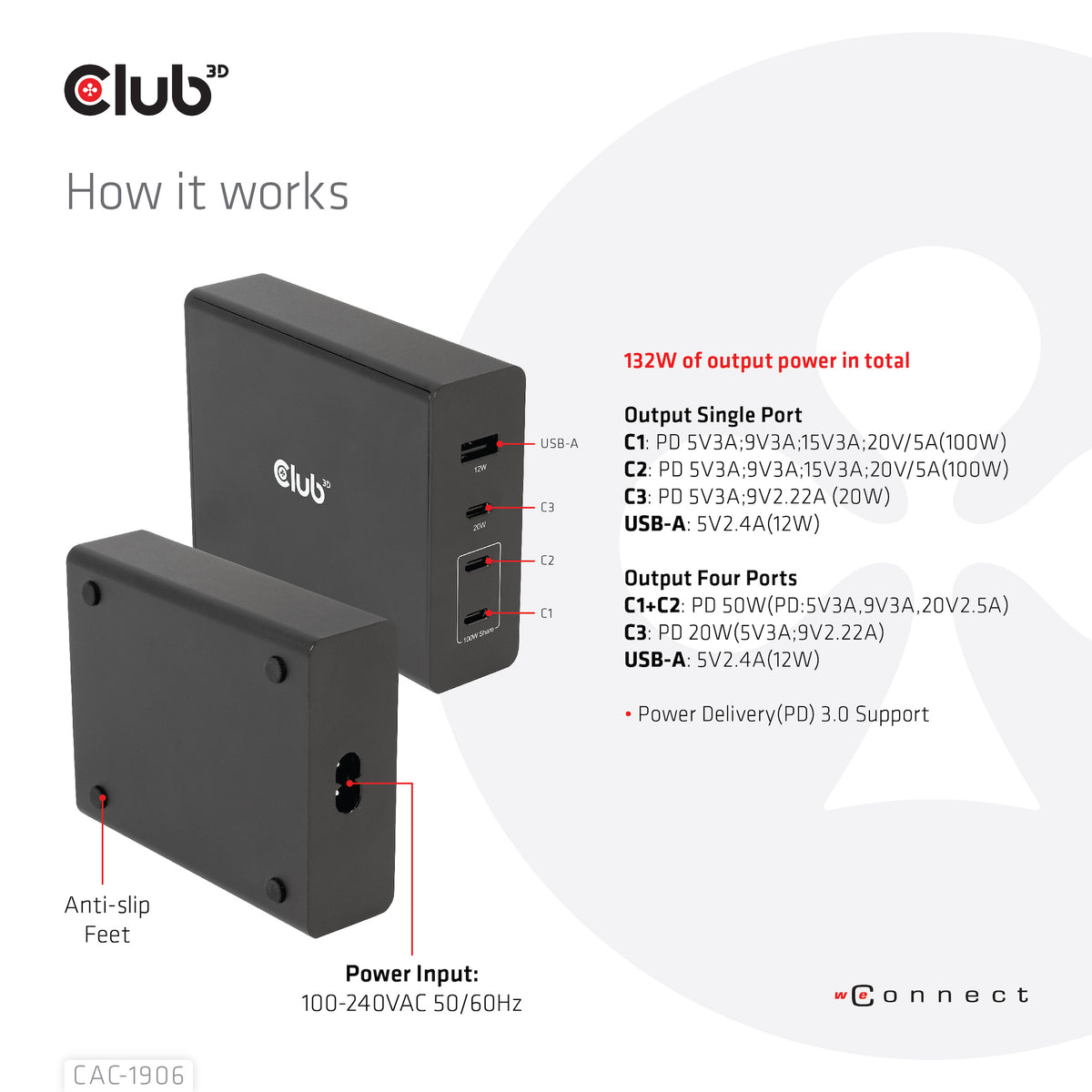 CLUB3D CAC-1906 Chargeur Universel pour Appareils Mobiles, Noir, 3 Ports USB-C