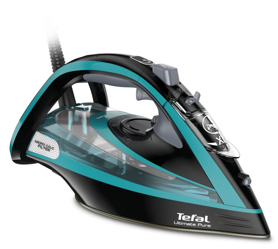 Tefal Ultimate Pure FV9844 Fer à repasser à sec ou à vapeur Semelle Durilium autonettoyante 3200 W Noir, Bleu