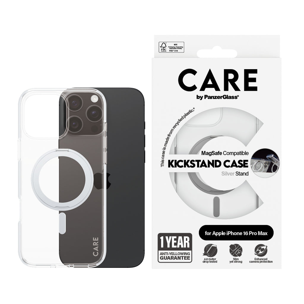 PanzerGlass CARE™ by ® Case Transparent w. Silver Kickstand & MagSafe iPhone 16 Pro Max coque de protection pour téléphones portables Housse