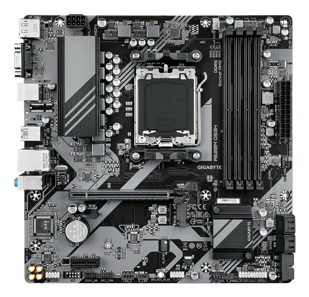 GIGABYTE A620M DS3H Carte Mère - Prend en charge les processeurs AMD Ryzen 8000, VRM numérique 5+2+2 phases, jusqu'à 7600MHz DDR5 (OC), 1xPCIe 4.0 M.2, LAN GbE, USB 3.2 Gen 1