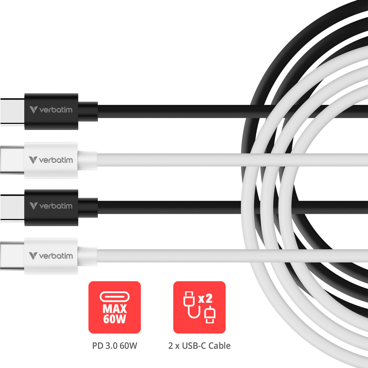 Verbatim 32391 Câble USB-C vers USB-C 2.0, 1 m, 60 W, 0,48 Gbit/s, Noir/Blanc