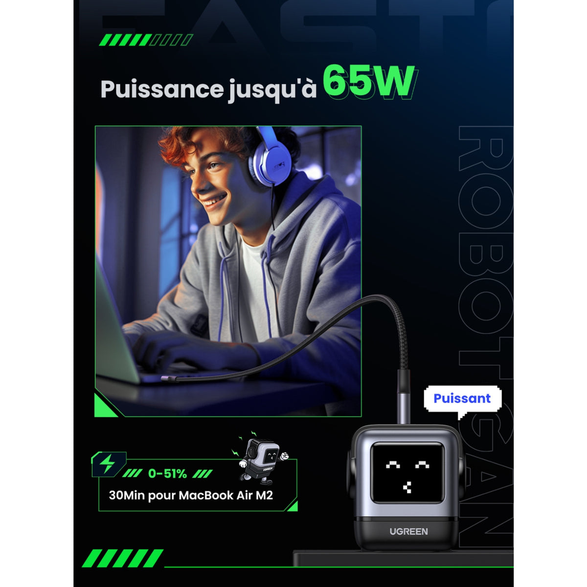 Ugreen Chargeur USB-C et USB triple 65W Power Delivery GaN Nexode Uno