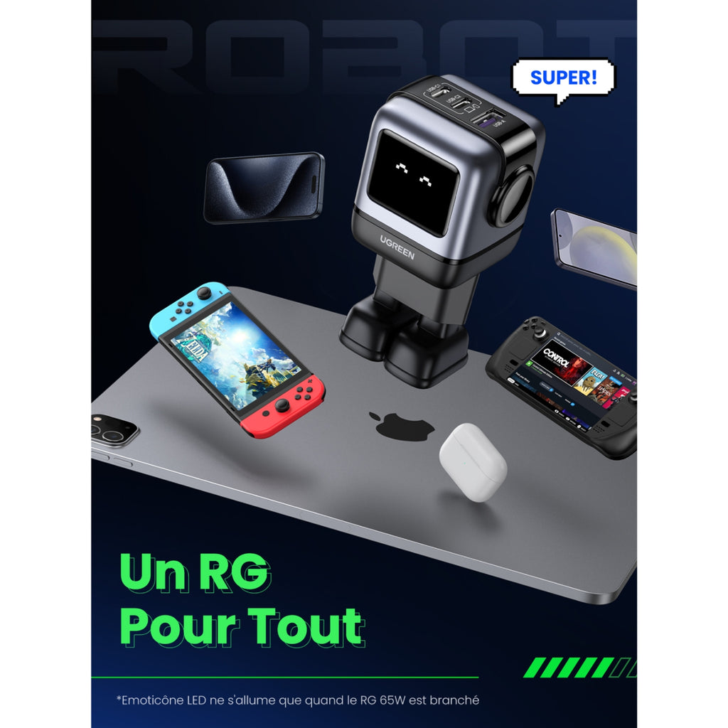Ugreen Chargeur USB-C et USB triple 65W Power Delivery GaN Nexode Uno