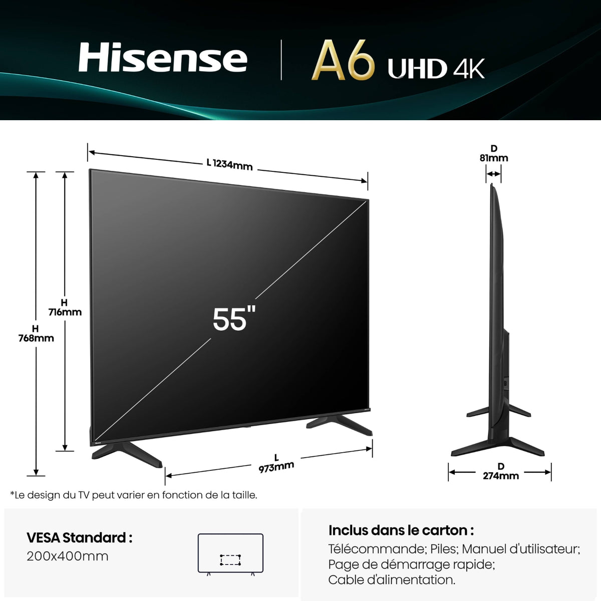 Hisense TV LED 4K 55'' (139 cm) 55A6Q
