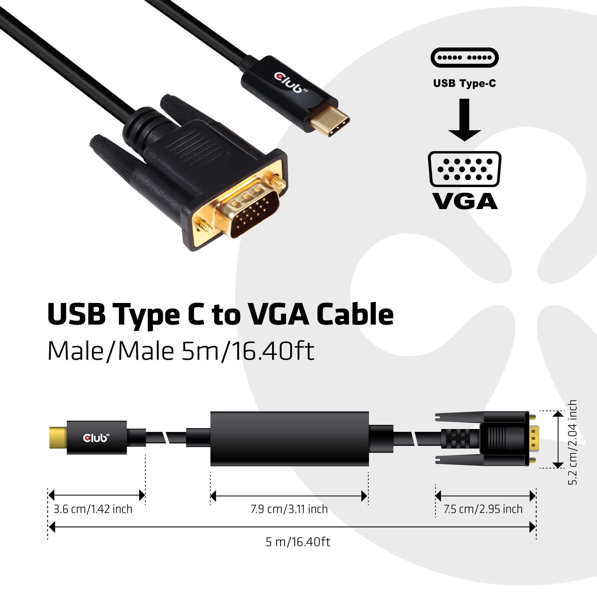 CLUB3D cac-1512 5 m USB Type-C VGA (D-Sub) Noir