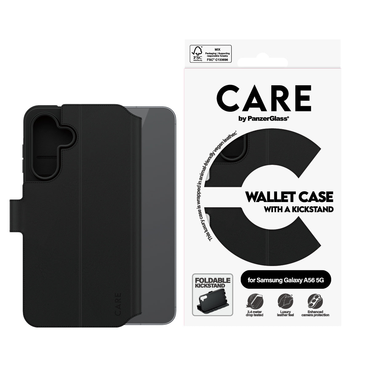 PanzerGlass CARE Wallet Case avec Support pour Samsung Galaxy A56 5G, Housse de Protection 6.7", Noir