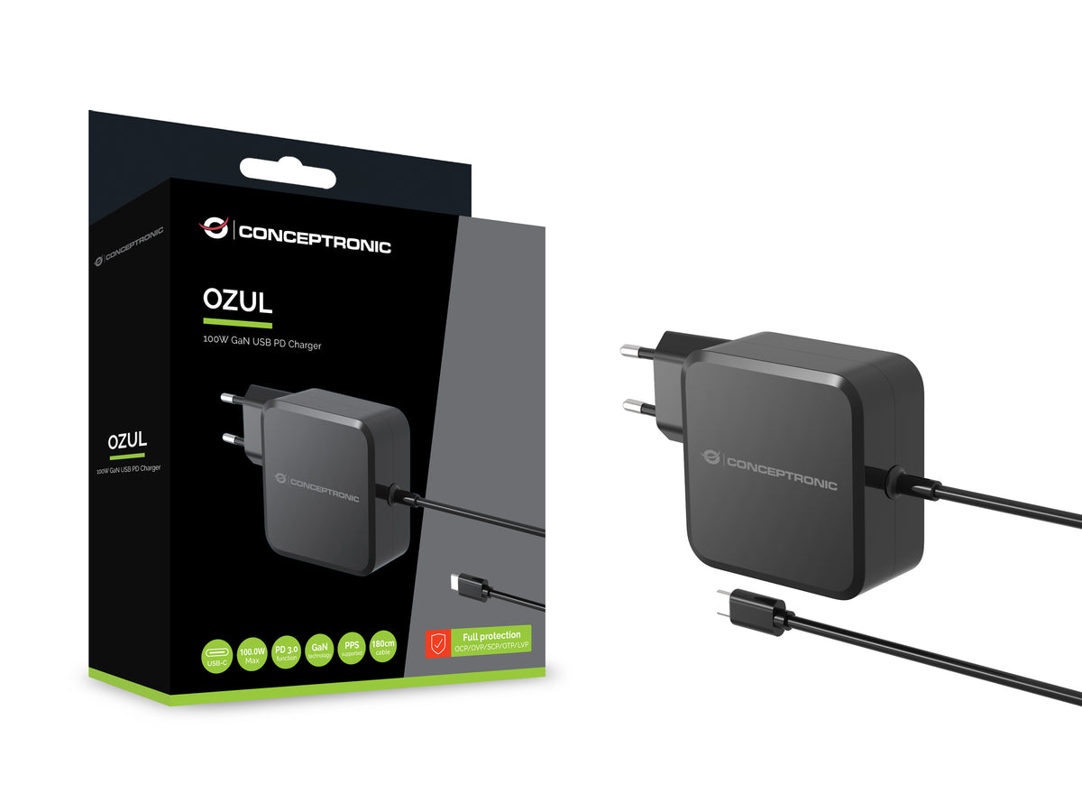 Conceptronic OZUL05BE Chargeur Universel Secteur GaN 100W USB-C Noir