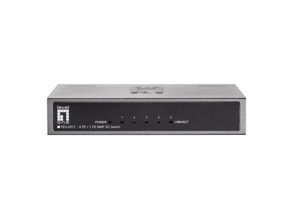 LevelOne FEU-0511 Commutateur Réseau Fast Ethernet 10/100, 4 Ports RJ45 et 1 Port Fibre 100BaseFX, Noir et Gris