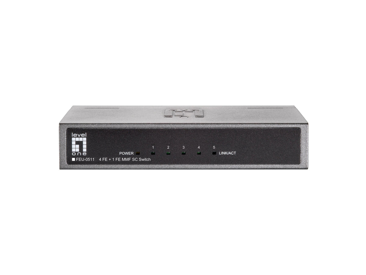 LevelOne FEU-0511 Commutateur Réseau Fast Ethernet 10/100, 4 Ports RJ45 et 1 Port Fibre 100BaseFX, Noir et Gris