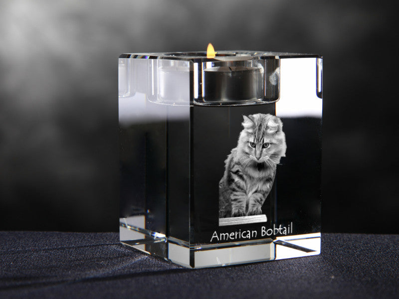 American Bobtail - Candle holder with cat photo, crystal tealight holder, personalised gift by Art-Dog brand