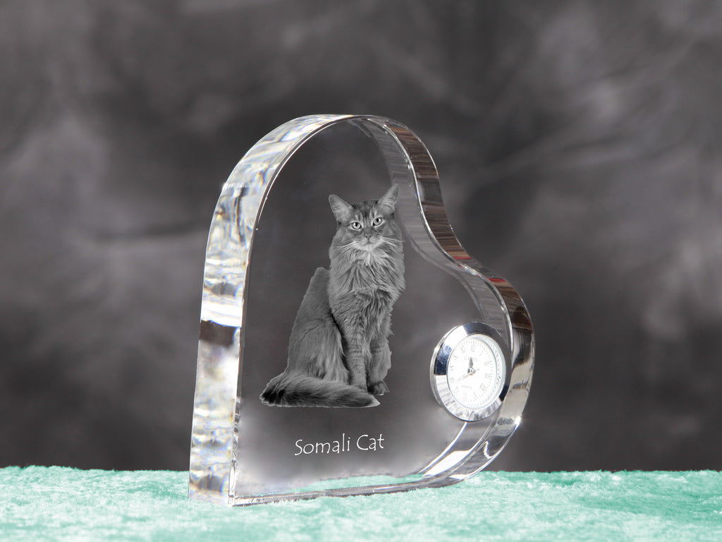 Somali - crystal clock with a picture of a cat, heart-shaped shelf clock, personalized standing clock by Art-Dog brand