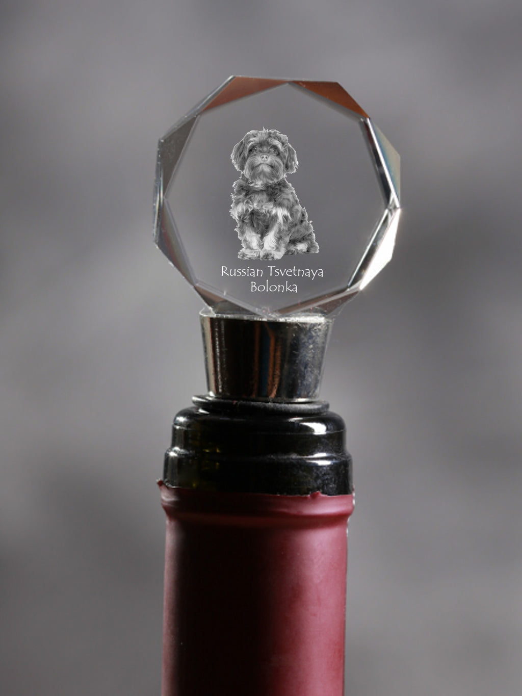 Bolonka, Russian Tsvetnaya Bolonka - Bottle stopper, crystal wine stopper with photo, personalised gift for bartender by Art-Dog brand