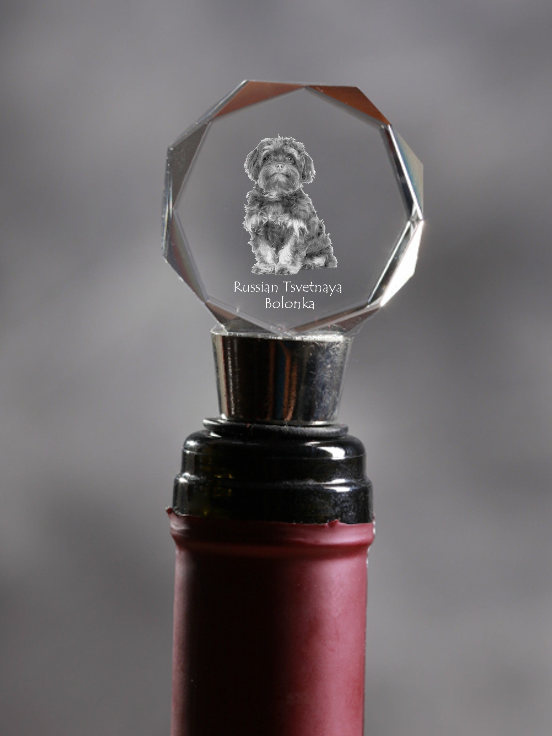 Bolonka, Russian Tsvetnaya Bolonka - Bottle stopper, crystal wine stopper with photo, personalised gift for bartender by Art-Dog brand