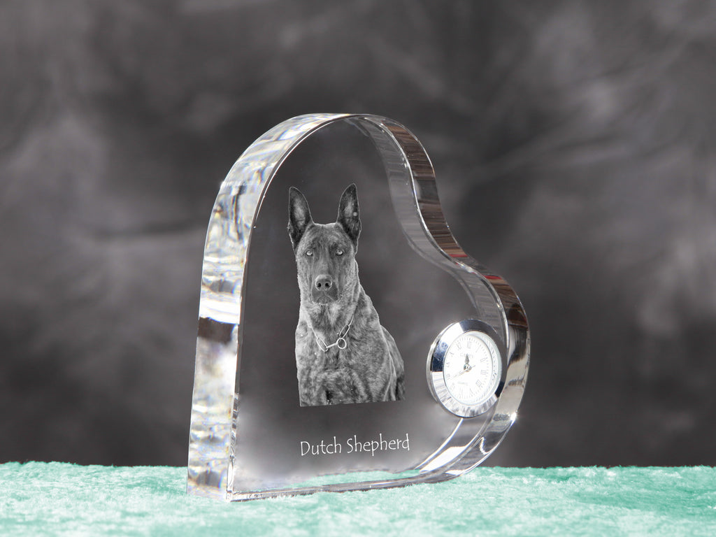 Dutch Shepherd Dog, Dutch Herder - crystal clock with a dog picture, heart-shaped shelf clock, personalized standing clock by Art-Dog brand
