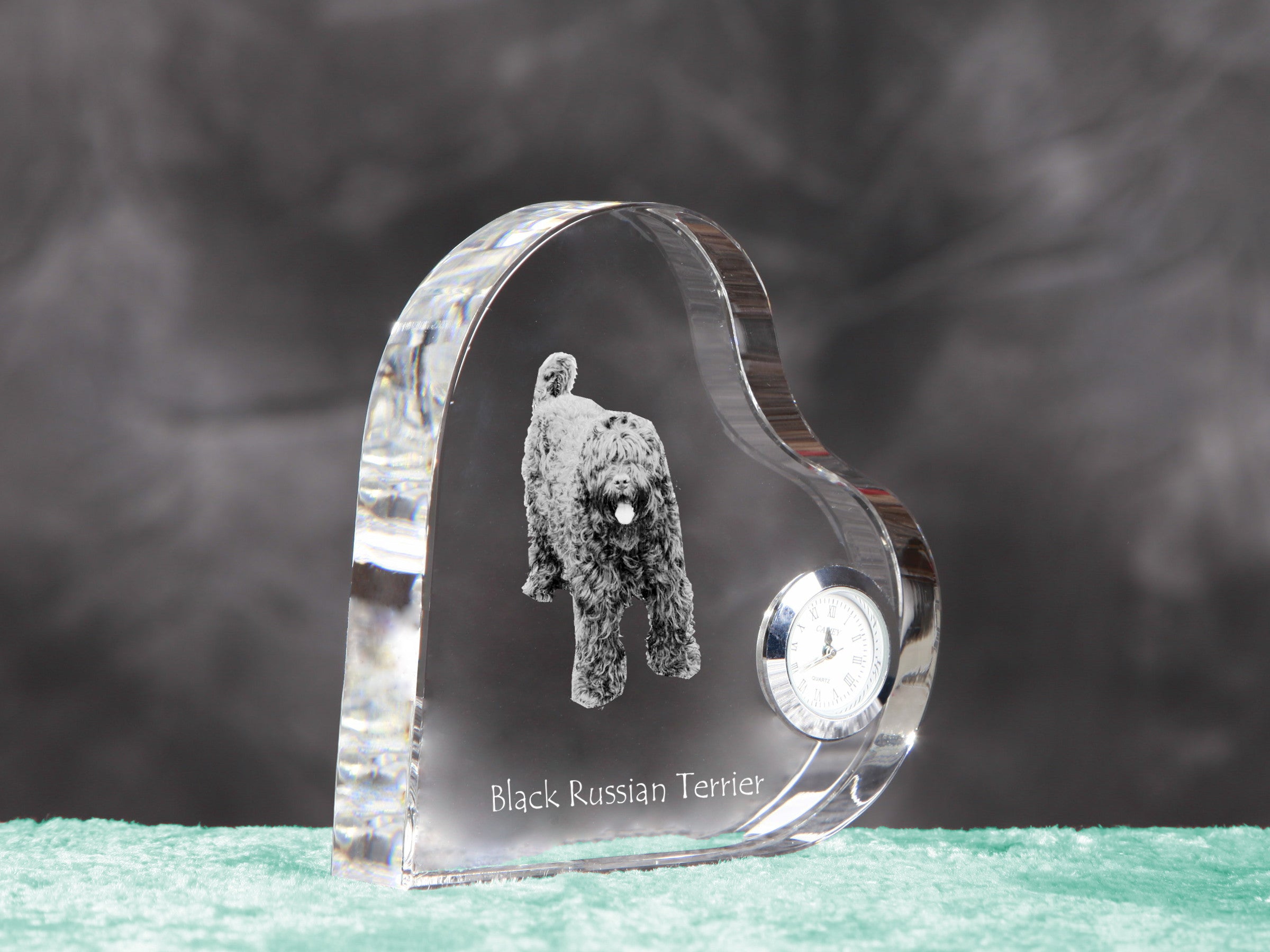Black Russian Terrier, Chornyi Terrier - crystal clock with a dog picture, heart-shaped shelf clock, personalized standing clock by Art-Dog brand