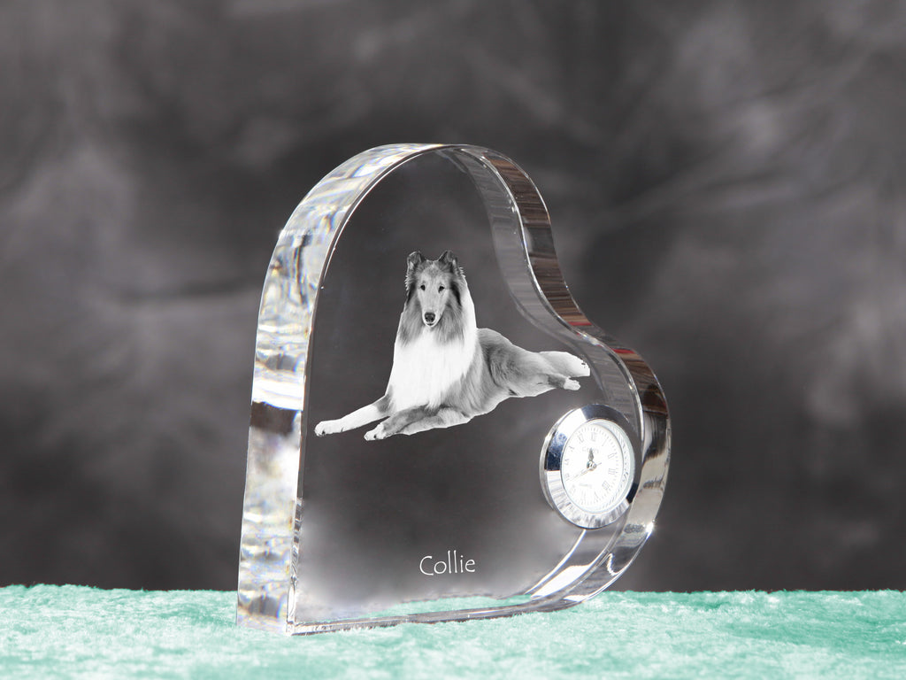 Collie Rough, Long-Haired Collie - crystal clock with a dog picture, heart-shaped shelf clock, personalized standing clock by Art-Dog brand