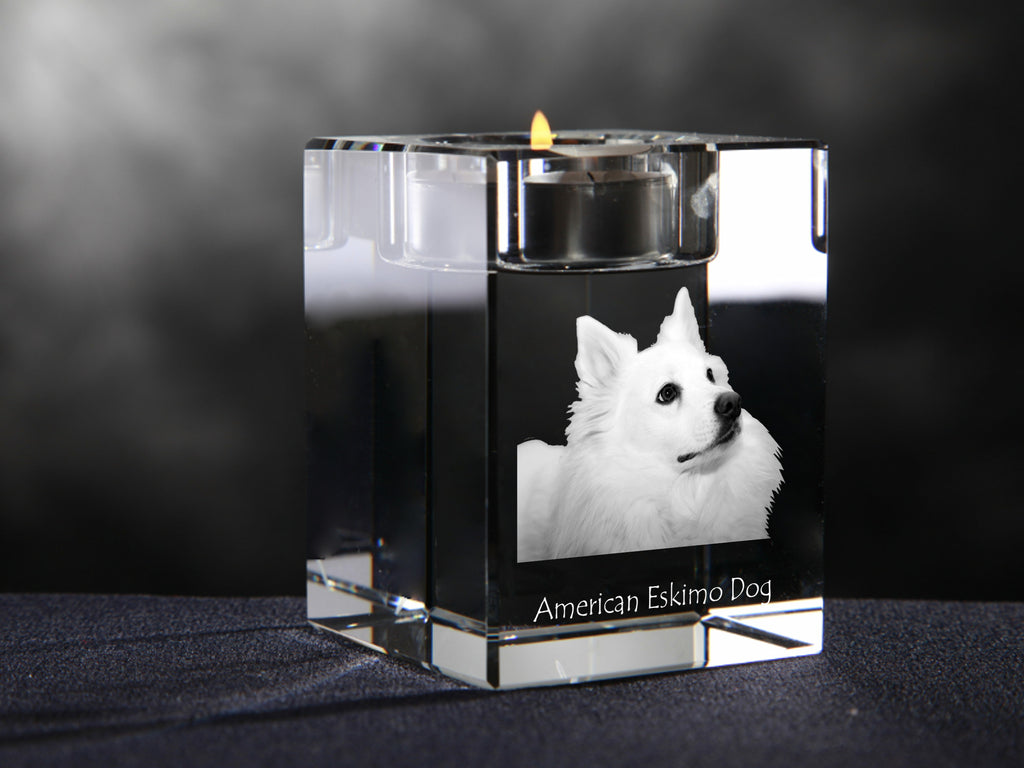American Eskimo Dog, American Spitz - Candle holder with dog photo, crystal tealight holder, personalised gift by Art-Dog brand