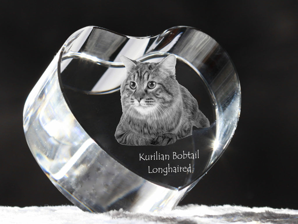 Kurilian bobtail longhaired - crystal clock with a picture of a cat, heart-shaped shelf clock, personalized standing clock by Art-Dog brand