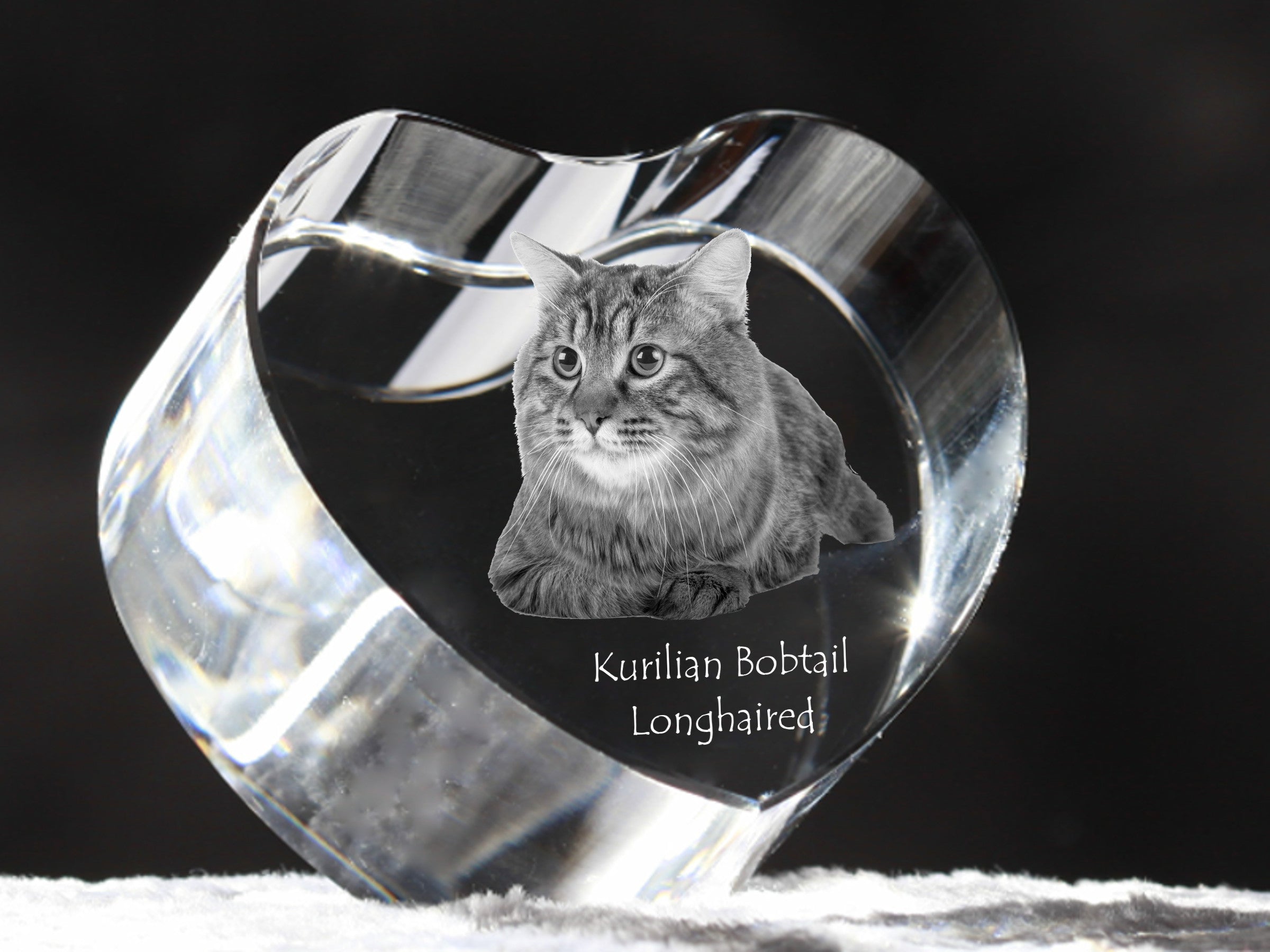 Kurilian bobtail longhaired - crystal clock with a picture of a cat, heart-shaped shelf clock, personalized standing clock by Art-Dog brand