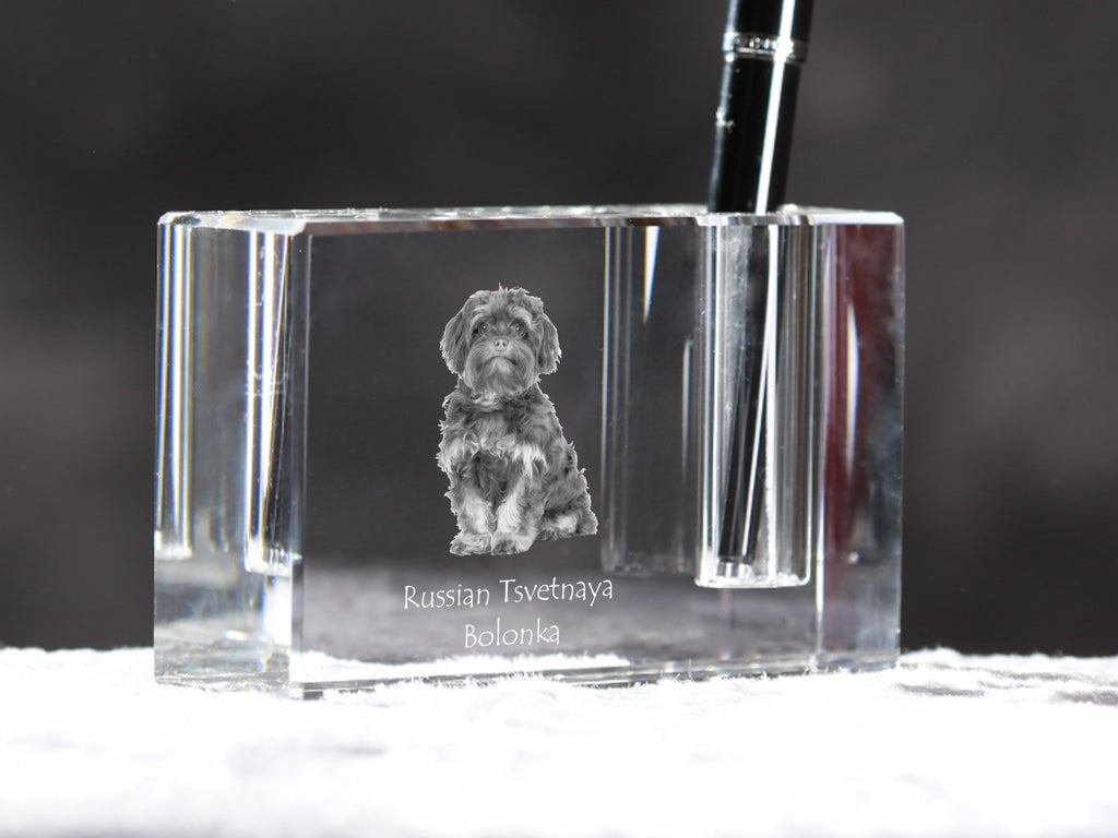 Bolonka, Russian Tsvetnaya Bolonka - Pen stand, crystal organiser with dog photo, unique desk decoration by Art-Dog brand