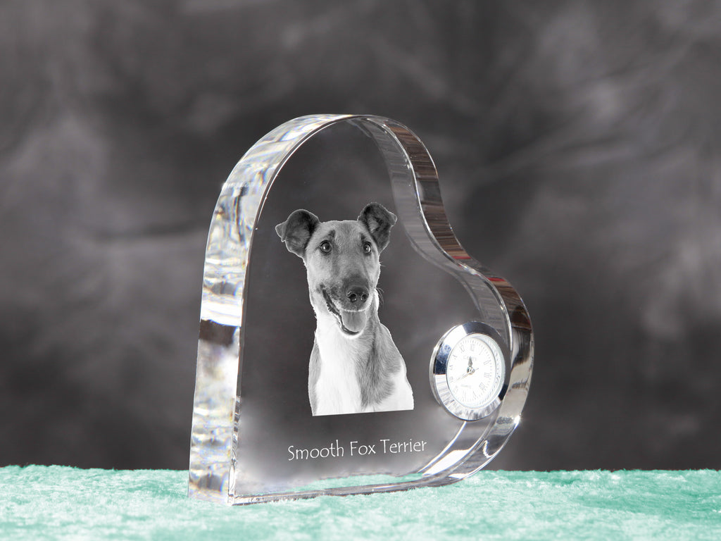 Fox Terrier Smooth - crystal clock with a dog picture, heart-shaped shelf clock, personalized standing clock by Art-Dog brand