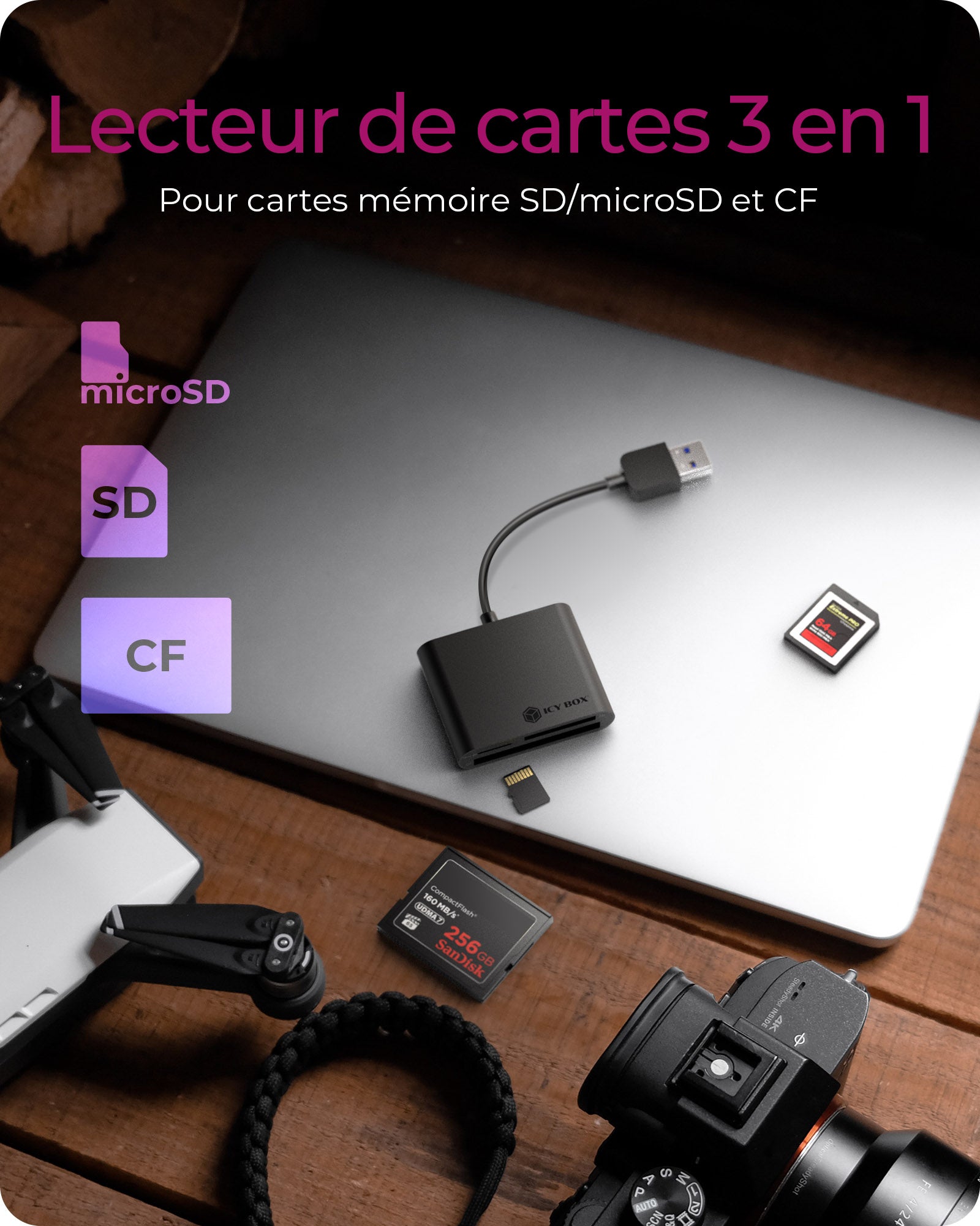 ICY BOX IB-CR301-U3 lecteur de carte mémoire USB 3.2 Gen 1 (3.1 Gen 1) Noir