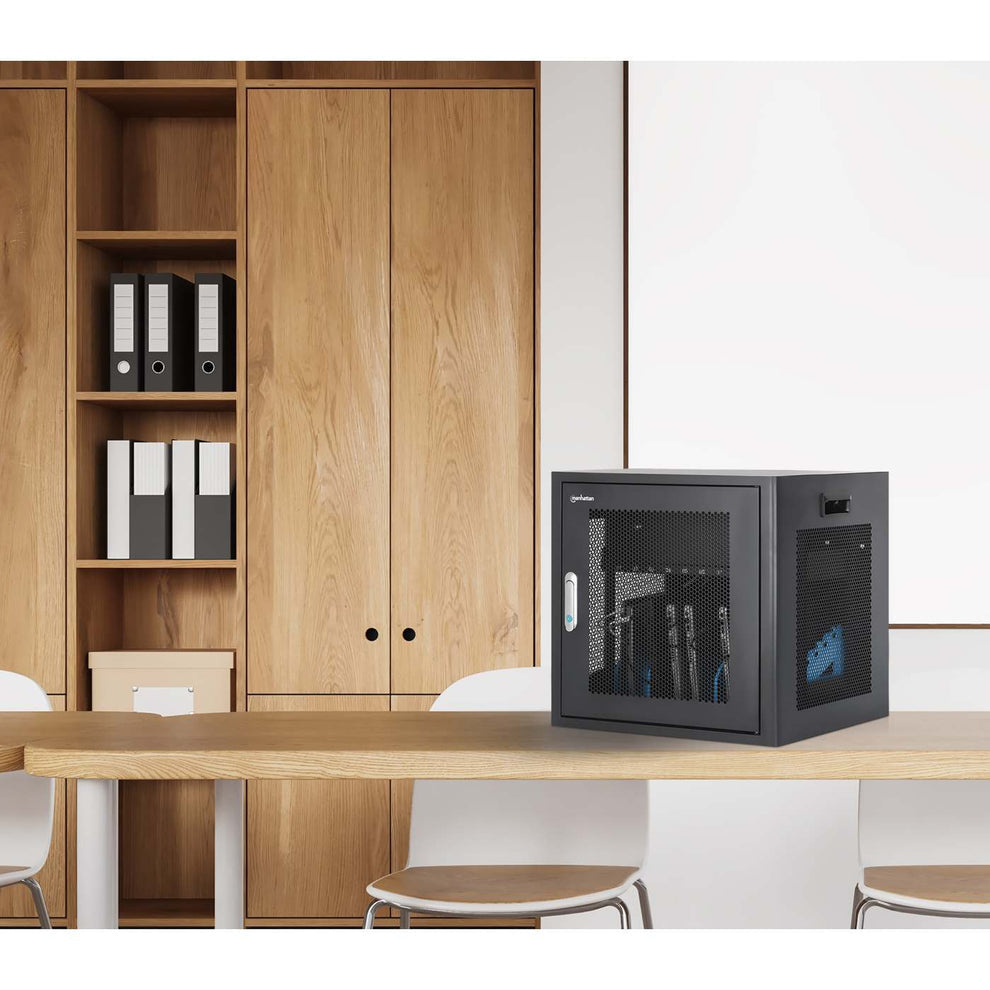Manhattan Laptop Charging Cabinet Desktop via AC Adapter (EU) 10-bay Install device's AC Adapter (power cables) into unit Suitable for ALL laptops (to 16 ) iPads MacBooks Chromebooks other portable devices Bays 380x30x280mm Cart Lockable - vue 2