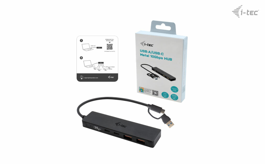 i-tec Metal C31HUBMETAL2A2C hub & concentrateur USB 3.2 Gen 1 (3.1 Gen 1) Type-C 10000 Mbit/s Noir