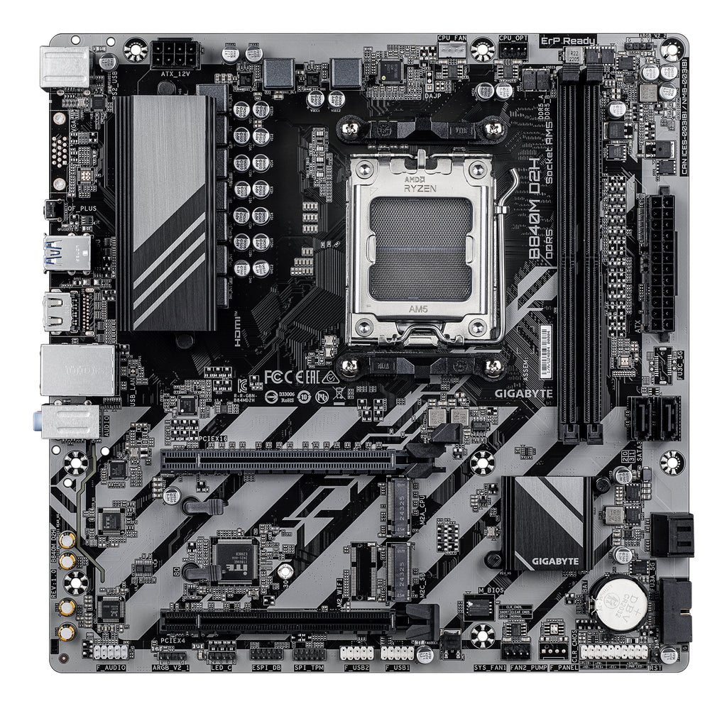 GIGABYTE B840M D2H Carte mère - Processeurs AMD Ryzen 9000, VRM 5+2+2 phases, jusqu'à 7600 MHz DDR5, 1xPCIe 4.0 + 1xPCIe 3.0 M.2, LAN 2.5GbE, USB 3.2 Gen 1