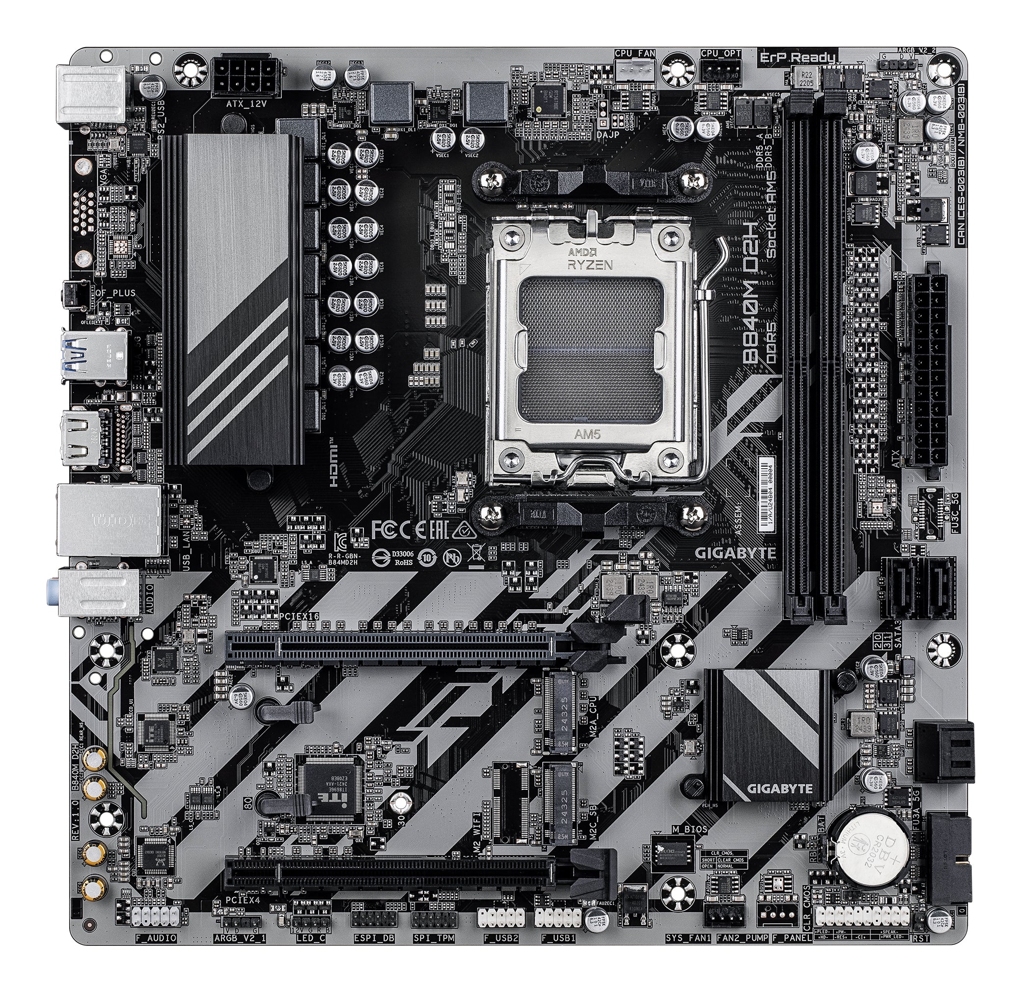 GIGABYTE B840M D2H Carte mère - Processeurs AMD Ryzen 9000, VRM 5+2+2 phases, jusqu'à 7600 MHz DDR5, 1xPCIe 4.0 + 1xPCIe 3.0 M.2, LAN 2.5GbE, USB 3.2 Gen 1