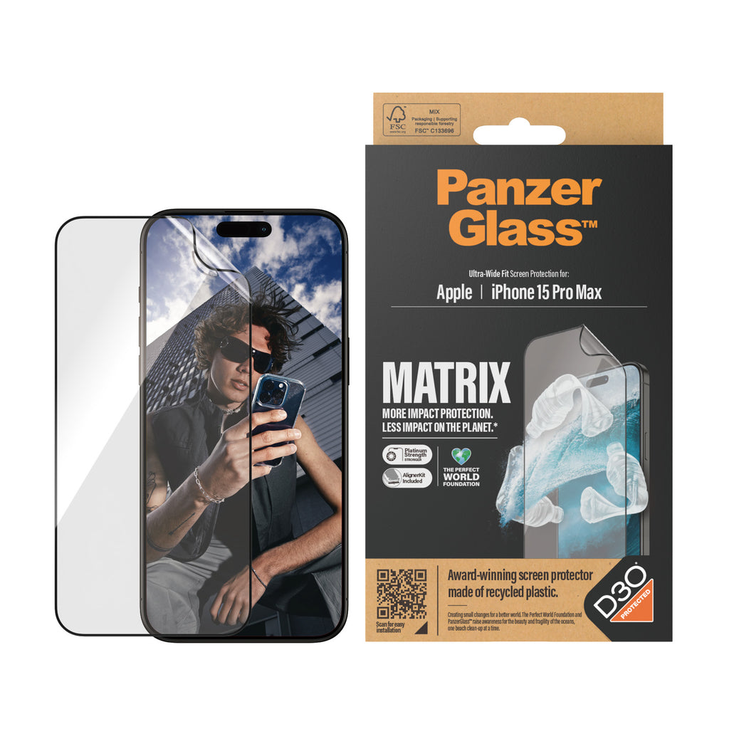 PanzerGlass ECO MATRIX Protection d'écran avec D3O pour iPhone 15 Pro Max, Ultra-Wide Fit avec AlignerKit, Transparent
