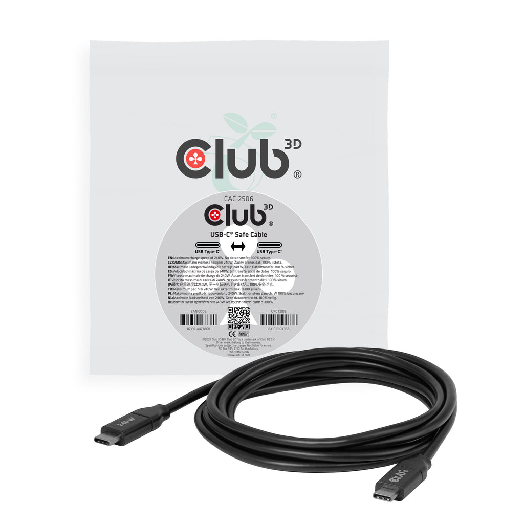 CLUB3D Câble USB-C® sécurisé 240 W sans transmission de données, 2 m / 6,56 pi
