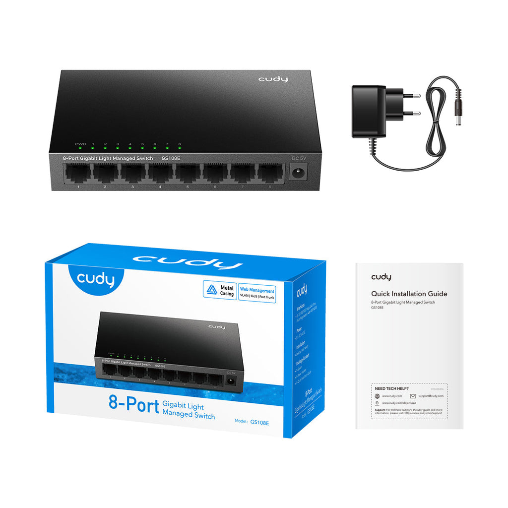 Cudy 8-Port Gigabit Easy-Managed Switch, GS108E 1.0 Géré L2 Gigabit Ethernet (10/100/1000) Noir