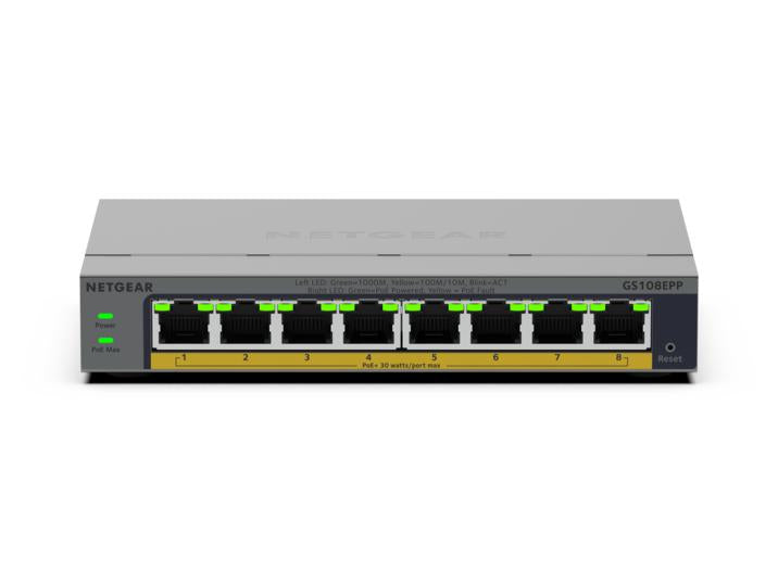 NETGEAR GS108EPP Non-géré Gigabit Ethernet (10/100/1000) Connexion Ethernet, supportant l'alimentation via ce port (PoE) Montage sur le bureau ou sur le mur Gris