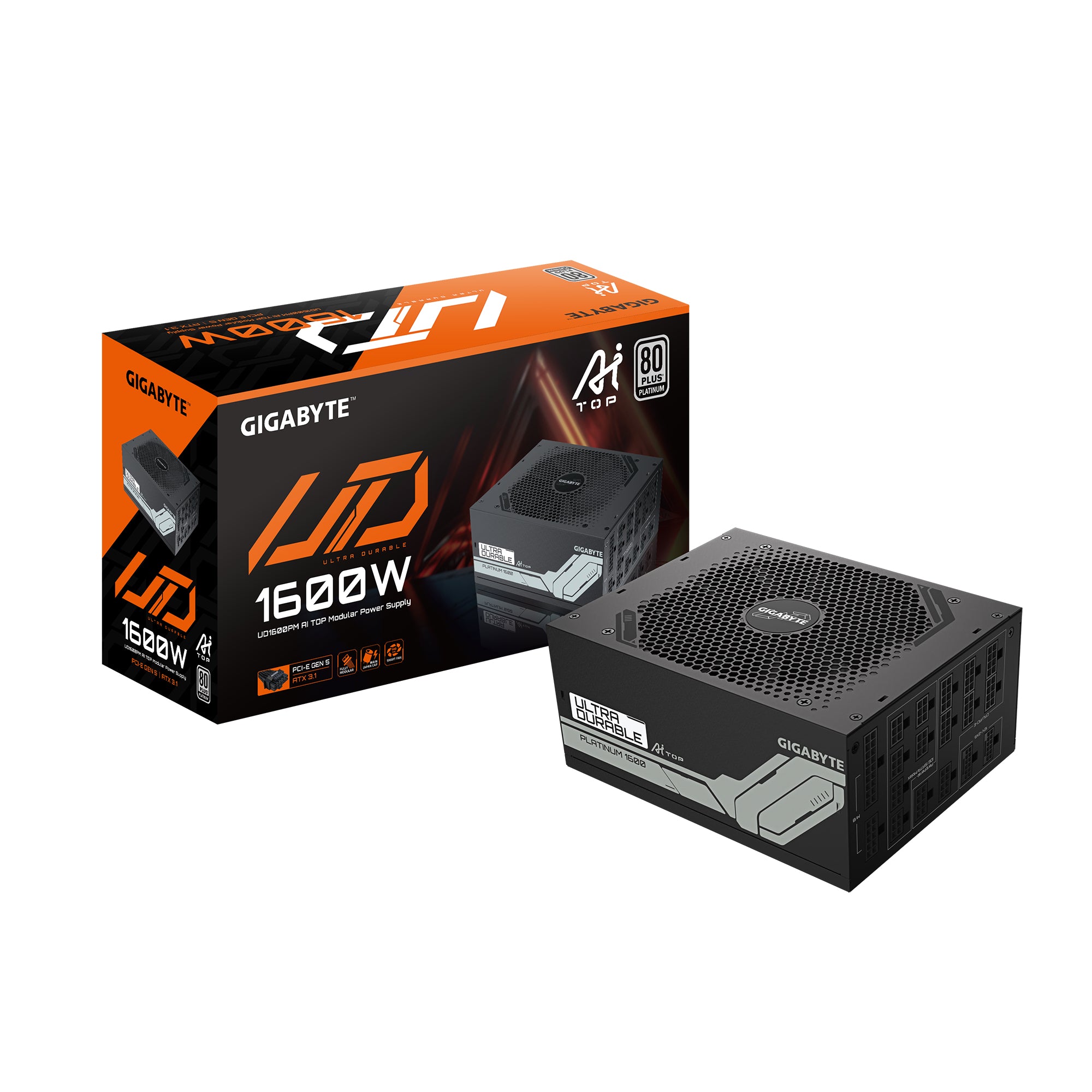 GIGABYTE UD1600PM PG5 AI TOP Bloc d'Alimentation - PCIe 5.0, 80 PLUS Platinum, Design entièrement modulaire, Ventilateur 120 mm, Compatible ATX 3.1, Prise EU