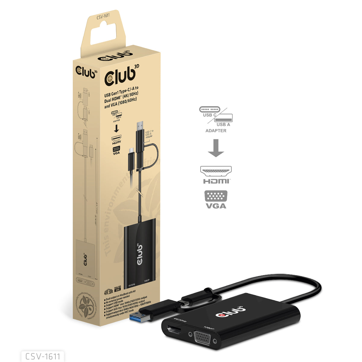 CLUB3D CSV-1611 Adaptateur Graphique USB 4K 3840 x 2160 pixels, Noir