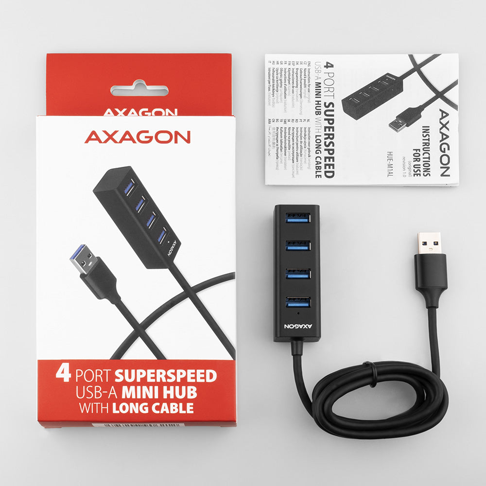 Axagon HUE-M1AL hub & concentrateur USB 3.2 Gen 1 (3.1 Gen 1) Type-A 5000 Mbit/s Noir