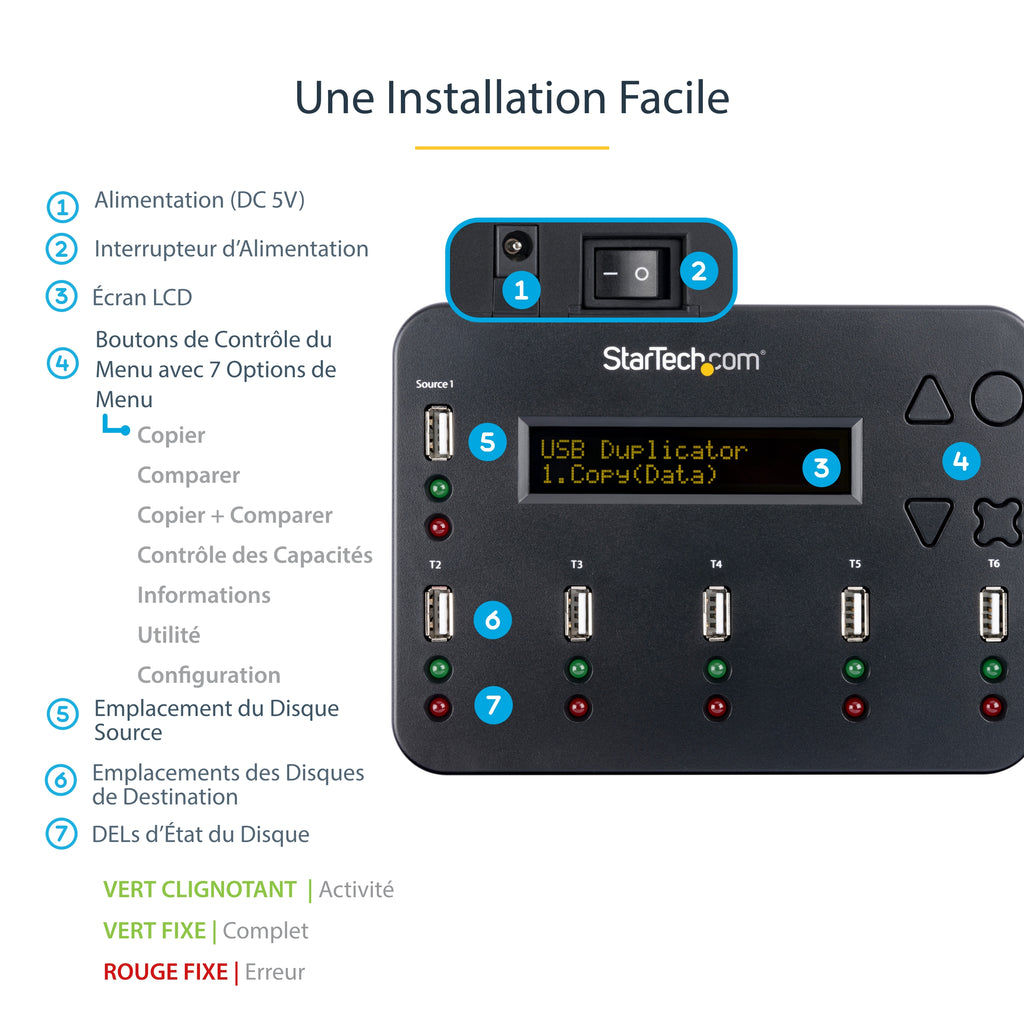 StarTech.com Duplicateur et Effaceur Autonome de 1 à 5 Clés USB USBDUP15, 1,5 Go/min, Affichage LCD
