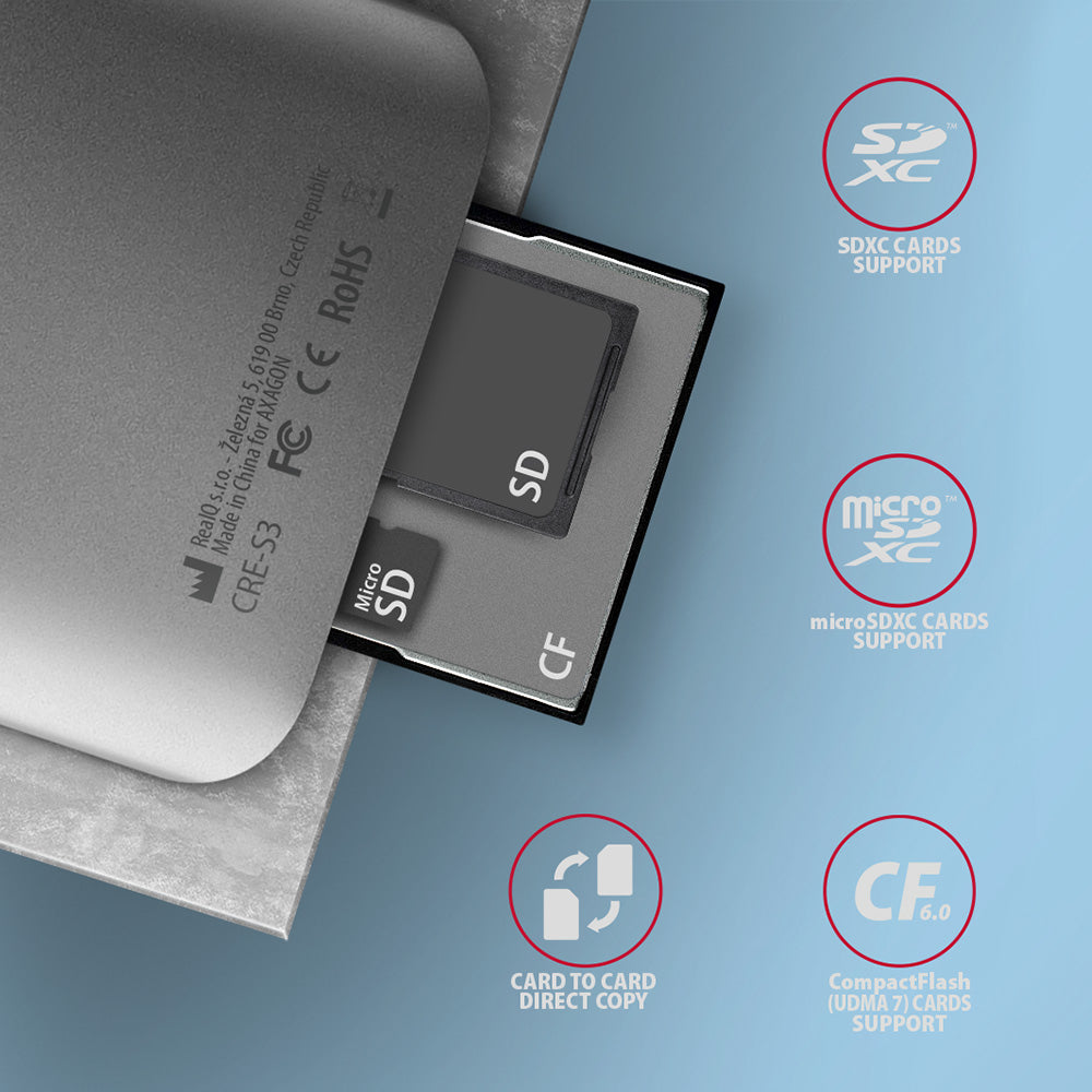 Axagon CRE-S3 External card reader USB-A 3.2 Gen 1 3-slot & lun SD/microSD/CF lecteur de carte mémoire USB 3.2 Gen 1 (3.