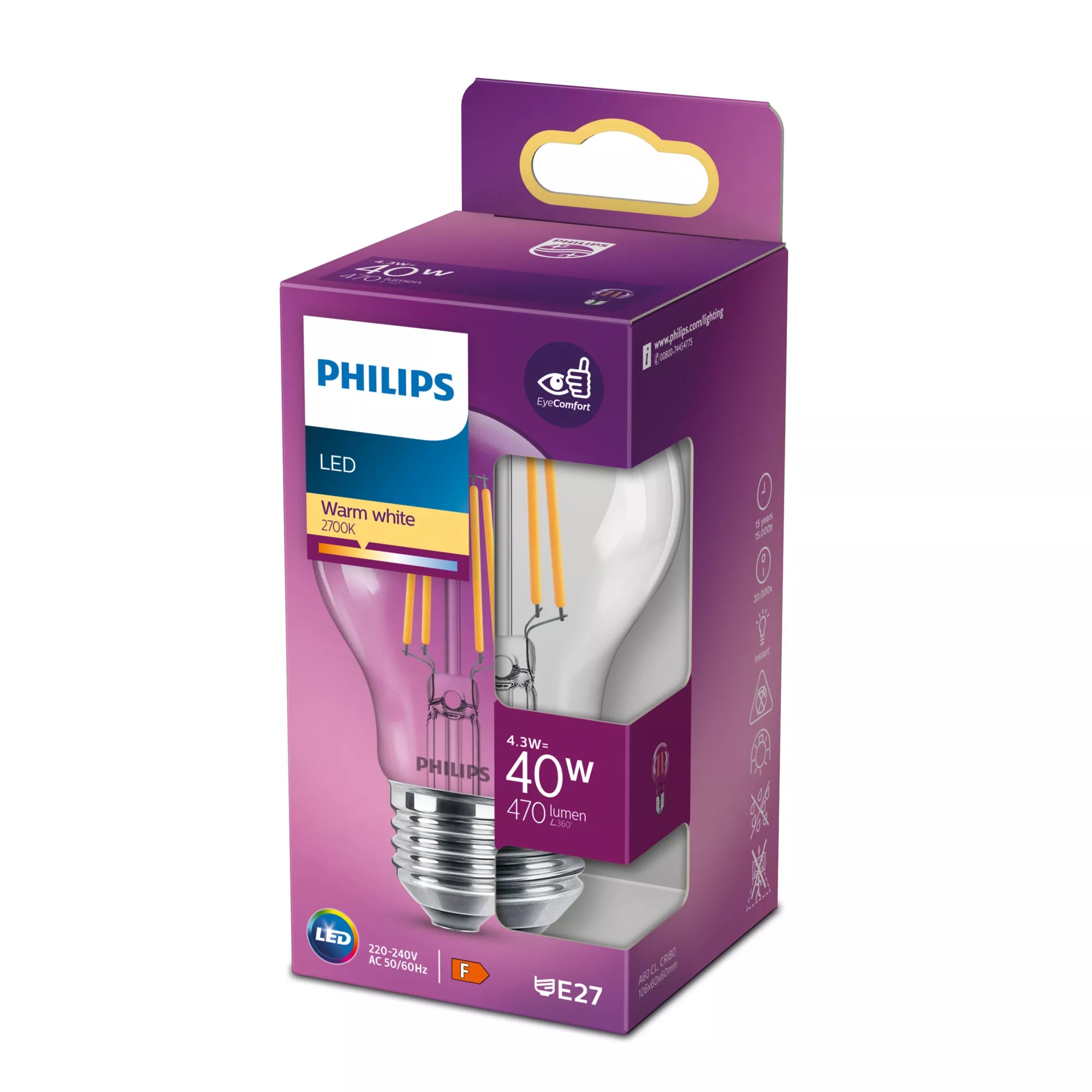 Philips Ampoule à filament transparente 40 W A60 E27