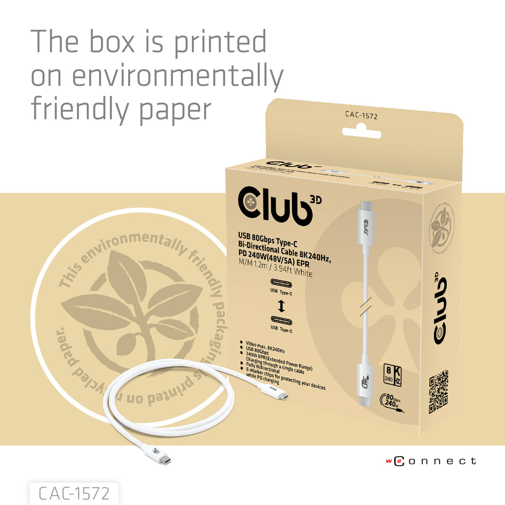 CLUB3D CAC-1572 Câble USB4 Gen 2x2 USB-C vers USB-C, 80 Gbit/s, 240W, 1,2 m, Blanc
