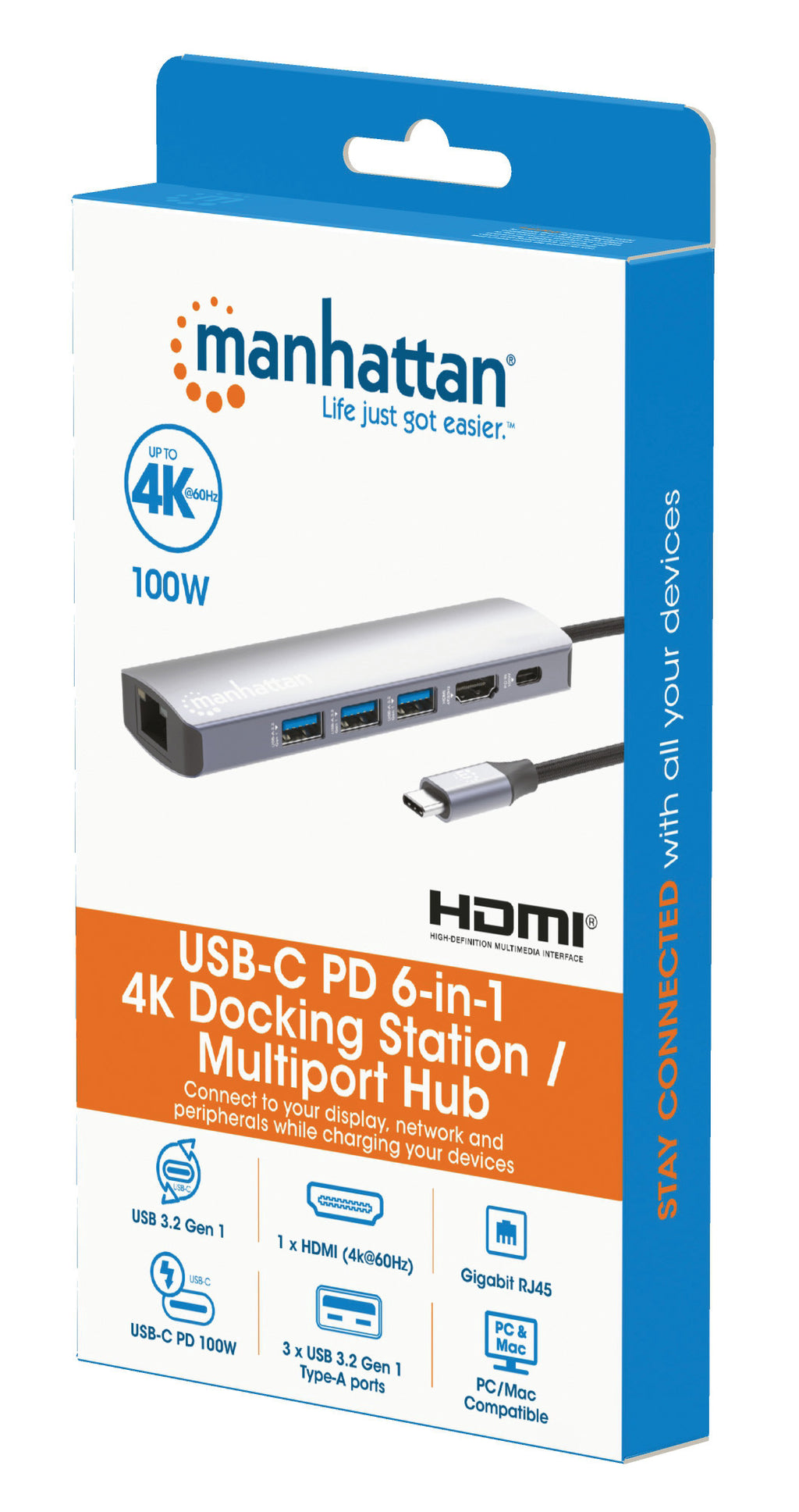 Manhattan Station d'Accueil USB-C 6-en-1, HDMI, Ethernet, 3x USB-A, USB-C PD 100W