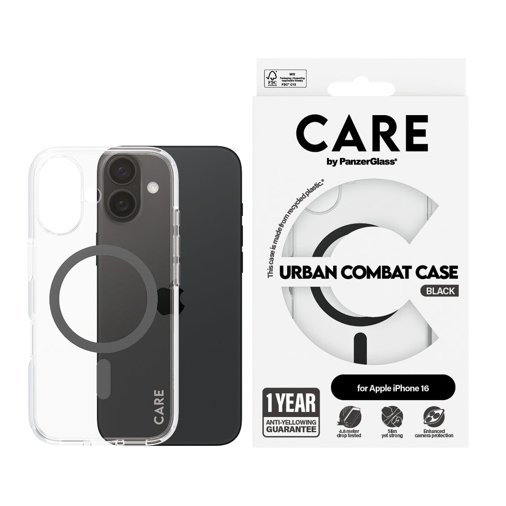 PanzerGlass CARE™ by ® Urban Combat Case Transparent w. Black MagSafe iPhone 16 coque de protection pour téléphones port