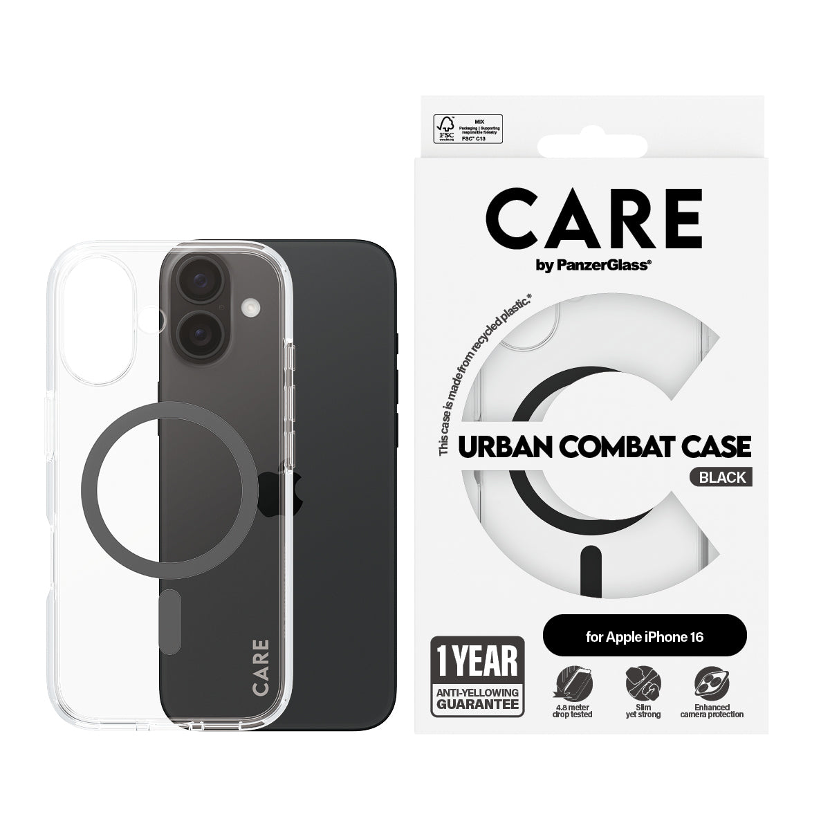 PanzerGlass CARE™ by ® Urban Combat Case Transparent w. Black MagSafe iPhone 16 coque de protection pour téléphones port