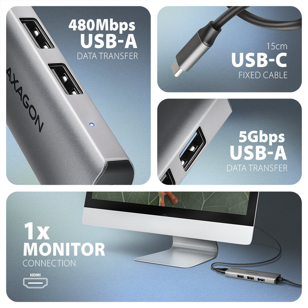Station d'accueil Axagon HMC-H3A USB 3.2 Gen 1 Type-C, Argent
